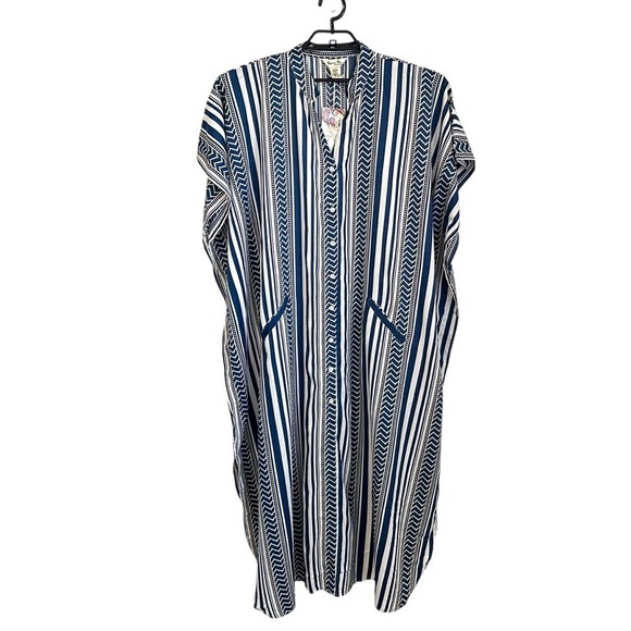 Gypsie Blu Women Kaftan Long Dress One Size Blue White Coverup Pockets Button Up - Picture 1 of 10